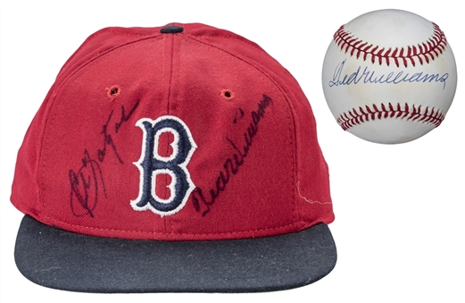 Lot of (2) Ted Williams & Carl Yastrzemski Dual Signed Boston Red Sox Cap & Ted Williams Signed OAL Brown Baseball (Beckett)